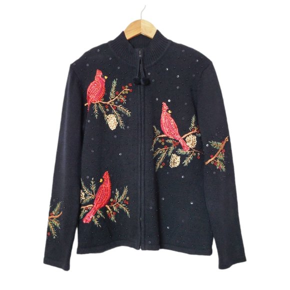 Heirloom Collectibles Christmas Sweater Zipper Cardigan Sequin Cardinal Bird - Picture 1 of 15